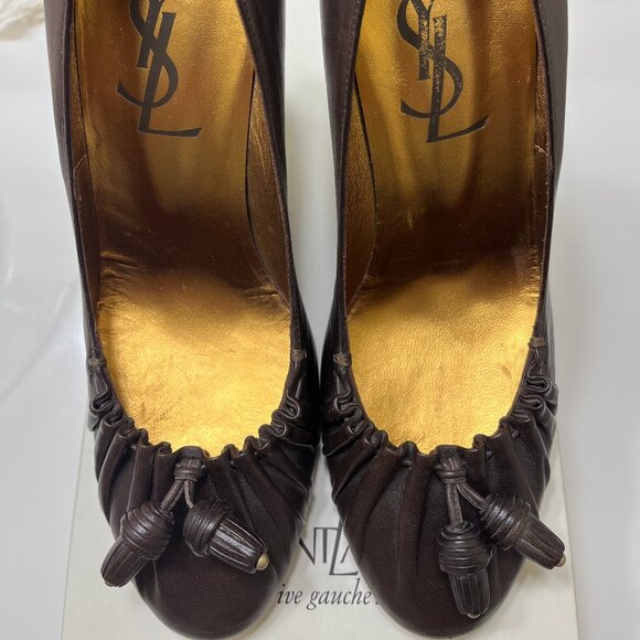 YSL Yves Saint Laurent Vintage Dark Brown Leather 4" Heels Tassel NIB EU 38 - Picture 1 of 6